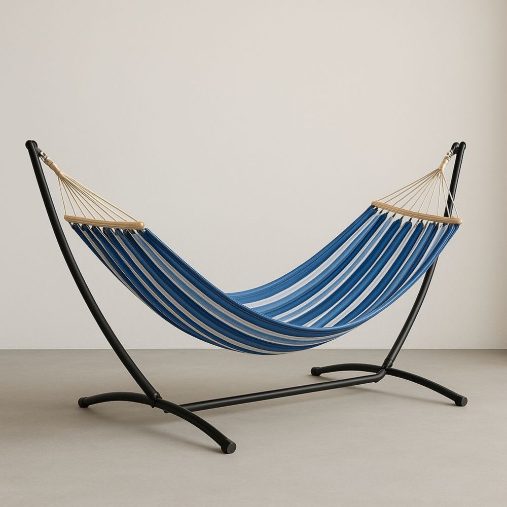 Hängematte Set mit Gestell Rechteck Holzgestänge Blau/Schwarz Baumwolle-Domovzeleny