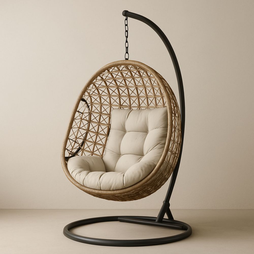 Hängesessel rund Kohlenstoffstahl Rattan Schwarz/Beige-Domovzeleny