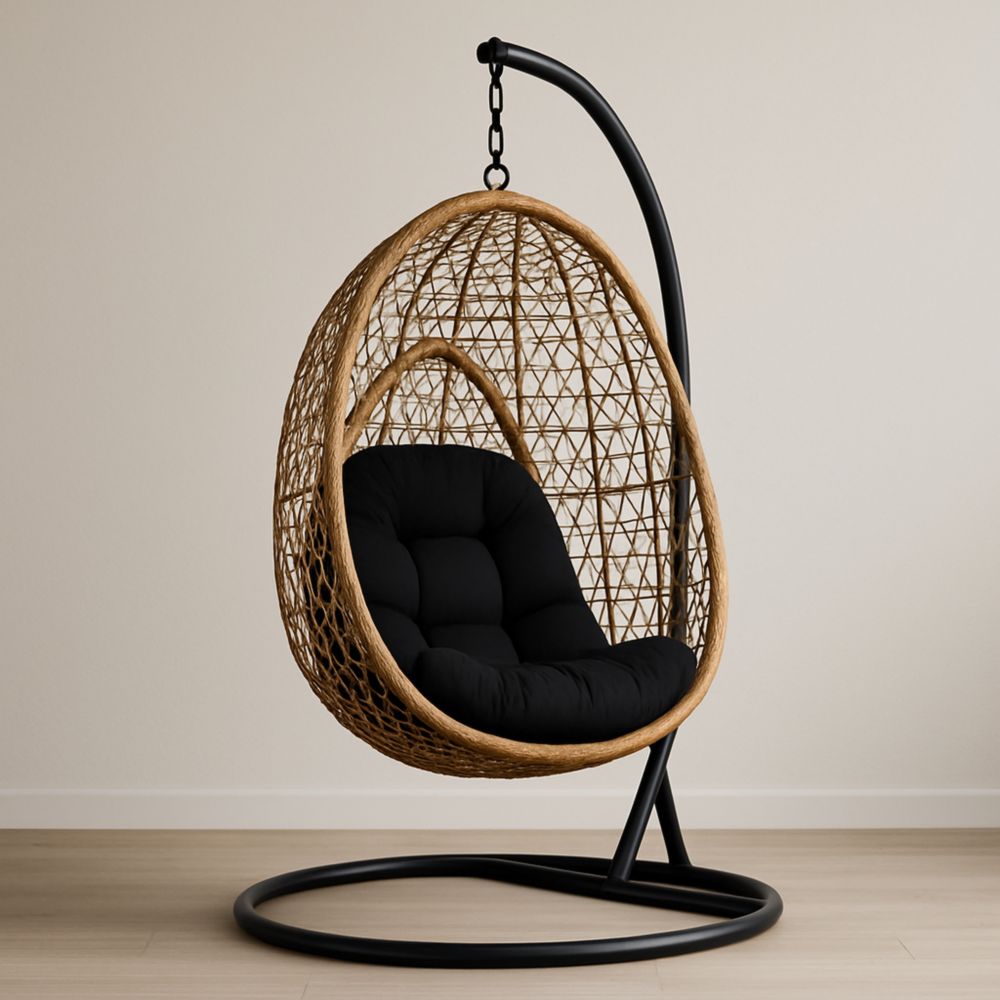 Hängesessel Rattan Ei-Form Natur mit schwarzem Kissen und Stahlgestell-Domovzeleny