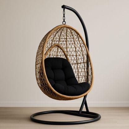 Hängesessel Rattan Ei-Form Natur mit schwarzem Kissen und Stahlgestell-Domovzeleny