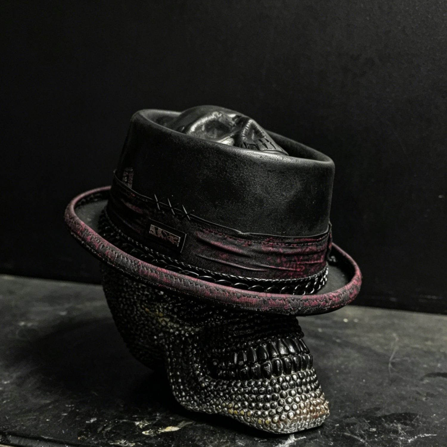 Three-quarter side view of the Skull Pork Pie Hat