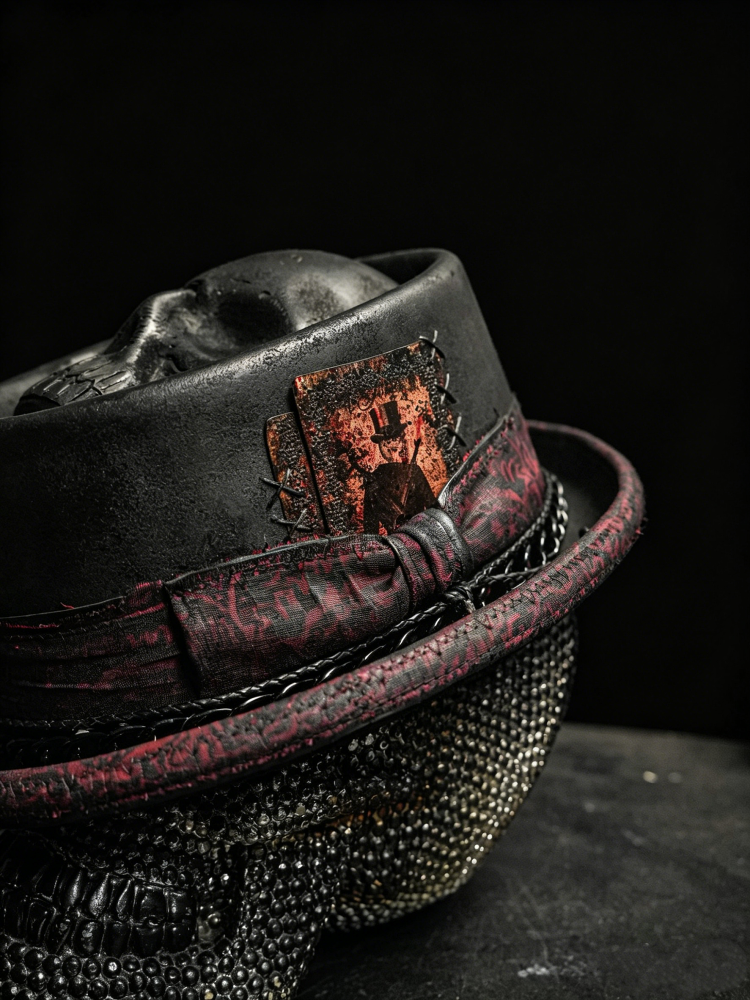 Close-up of the distressed band, card detail and rolled brim