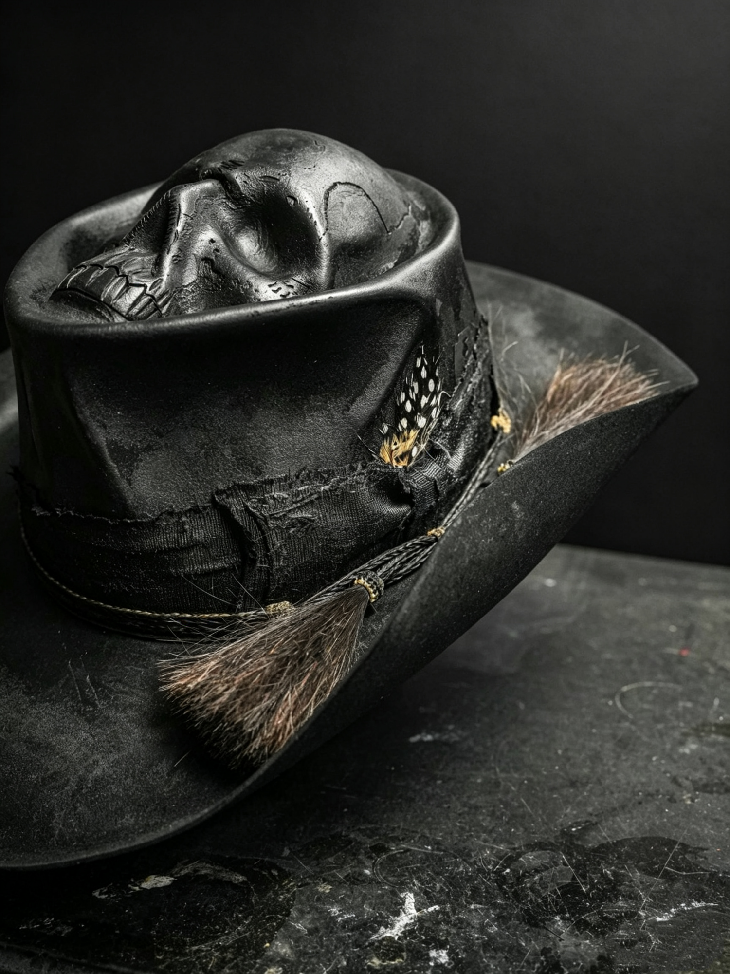 Punisher cowboy hat leather, feather and horsehair details