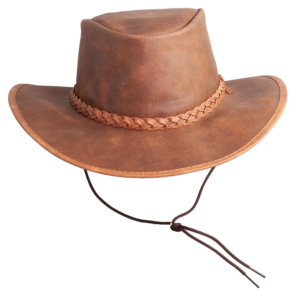 Mens Black Crushable Leather Outback Hat
