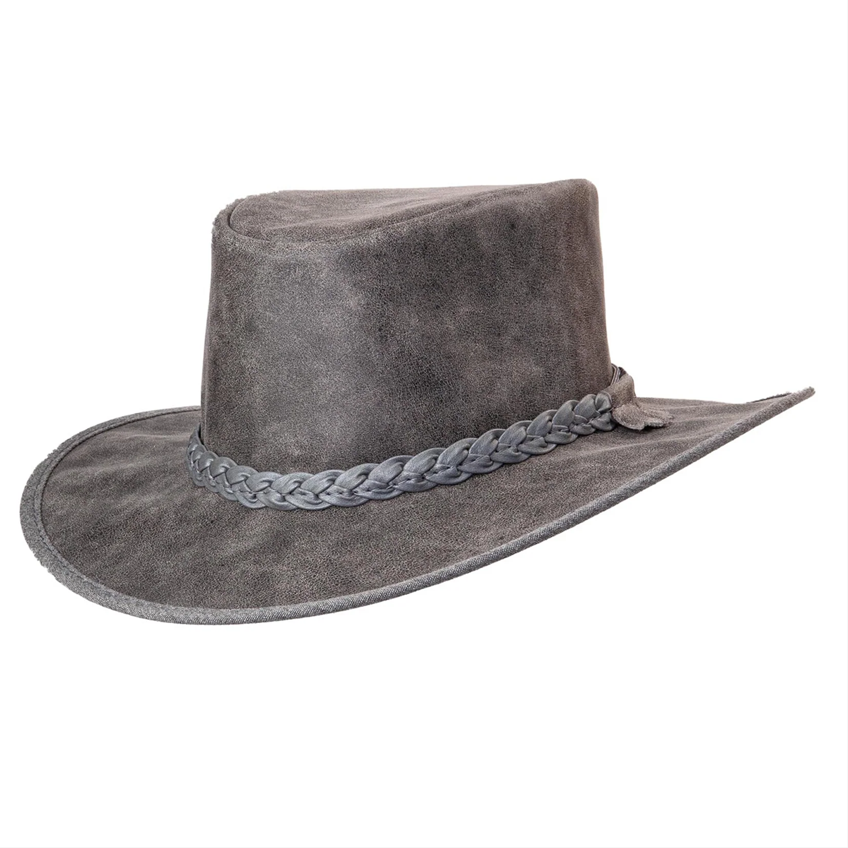 Mens Black Crushable Leather Outback Hat
