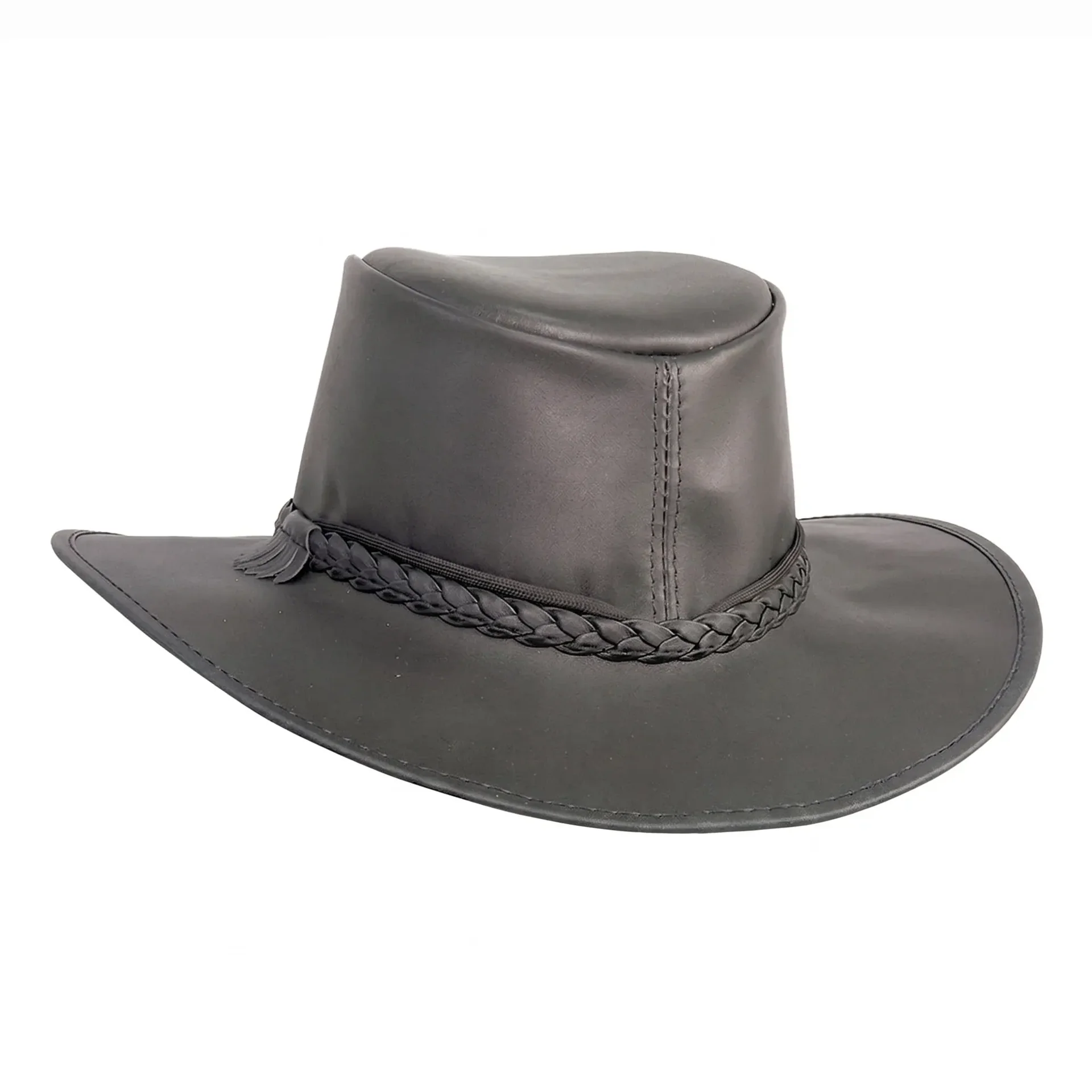 Mens Black Crushable Leather Outback Hat