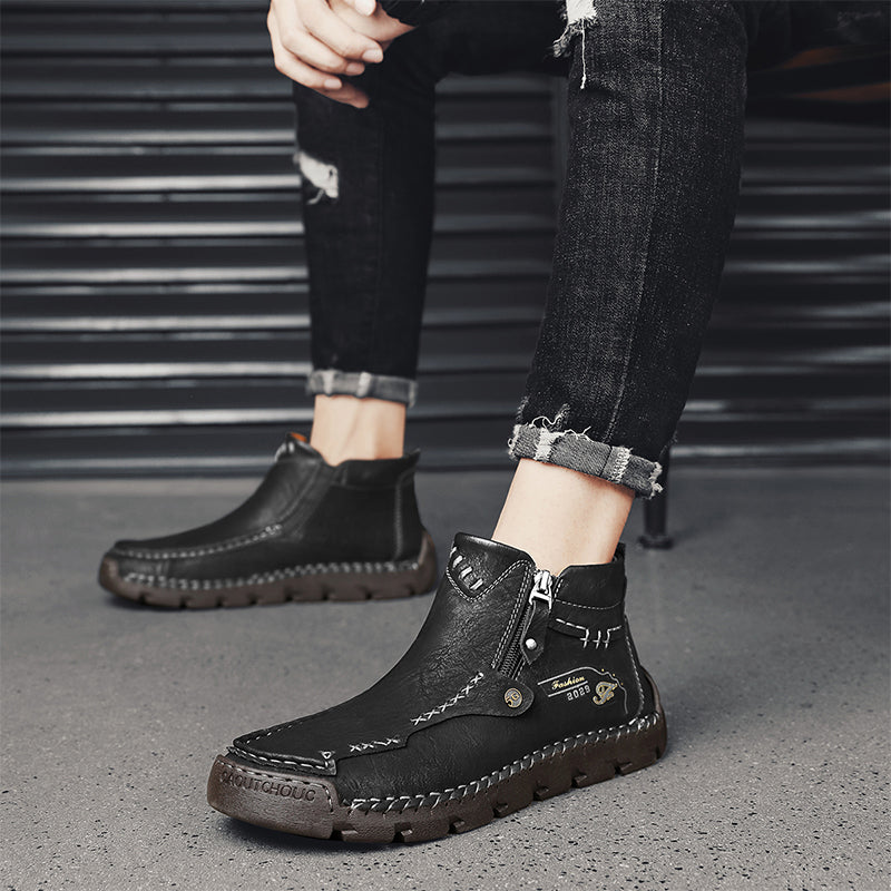 (⏰Last Day 70% OFF🔥)Men's Top-Quality Motorcycle Boots Hand-Stitched Genuine Leather Boots-Wide Toe, Waterproof， Anti-Slip， Anti-Sprain，Suitable for Work, Driving, Hiking