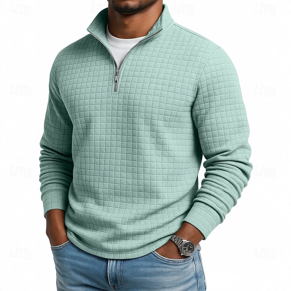 Daily Loose And Simple Waffle Half-zip Stand Collar Long-sleeved Polo Shirt