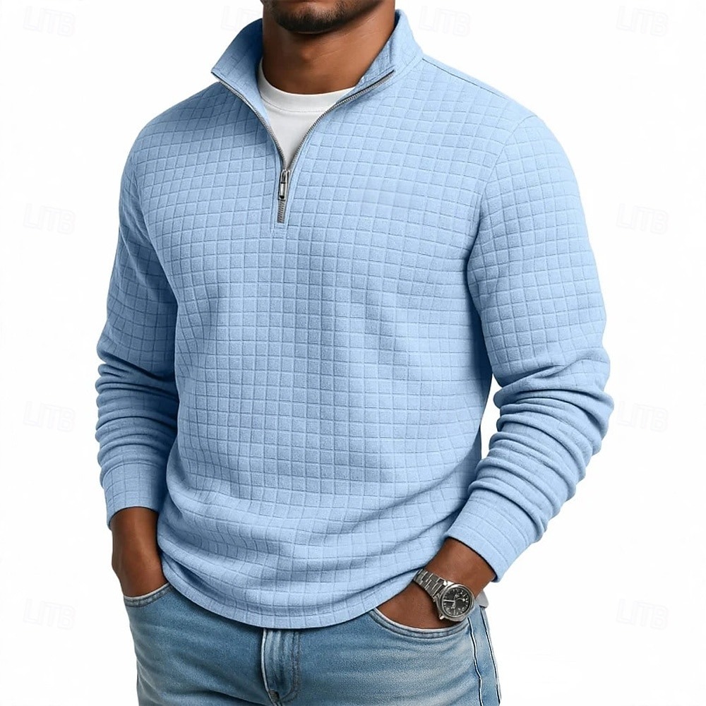 Daily Loose And Simple Waffle Half-zip Stand Collar Long-sleeved Polo Shirt