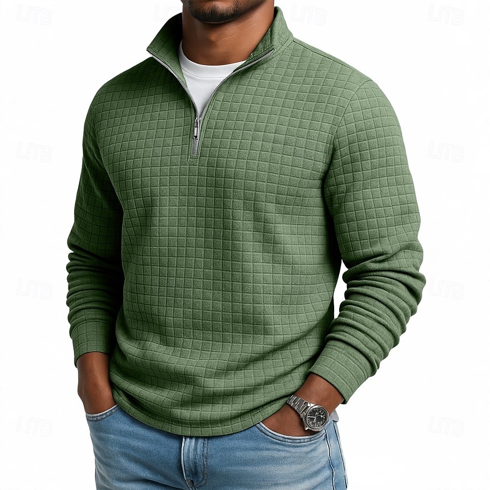 Daily Loose And Simple Waffle Half-zip Stand Collar Long-sleeved Polo Shirt