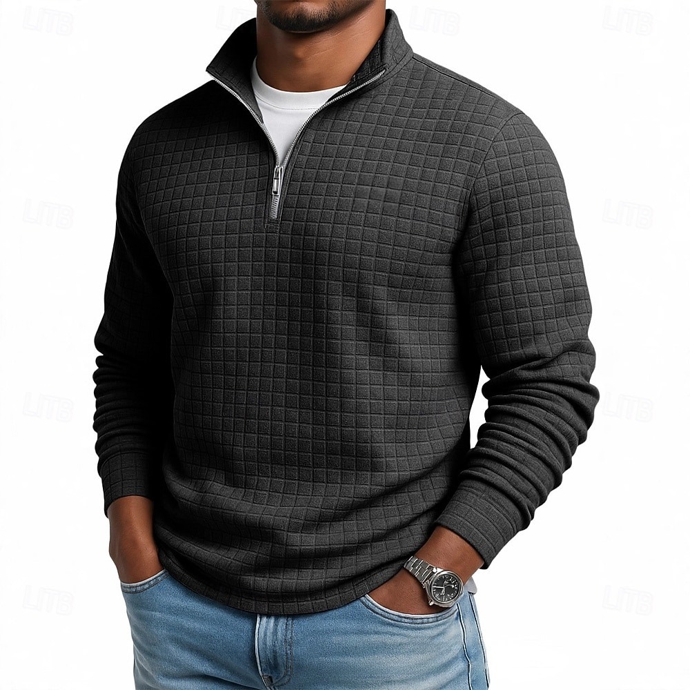 Daily Loose And Simple Waffle Half-zip Stand Collar Long-sleeved Polo Shirt