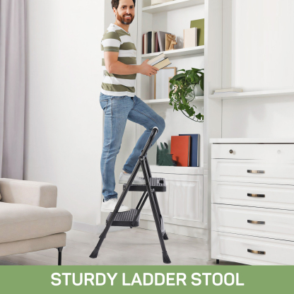Zibbizo 2 Step Ladder Foldable, Sturdy Step Stool Ladder with Anti-Slip Pedal, Portable Lightweight Folding Step Tool, Black