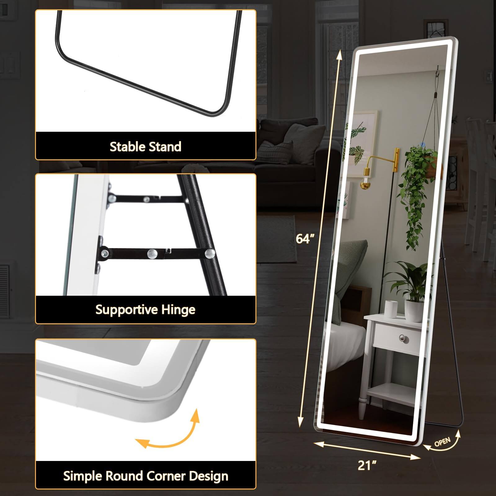 3 Color Lighting Mirror with LED Lights, 64"x21" Lighted Floor Standing Mirror with Stand, Wall Mounted Hanging--Living Room,Living Room Mirror