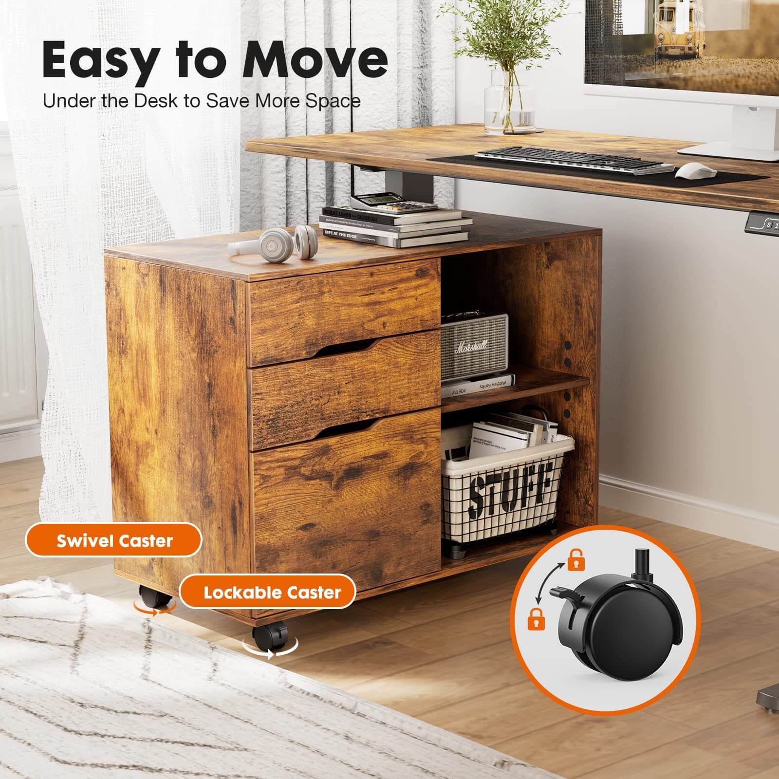 3 Drawer Mobile Rolling Lateral File Cabinet For Home Office And Kids Room--Bedroom,Bedroom Cabinet,Home Office,Home Office Cabinet,Office,Office Cabinet