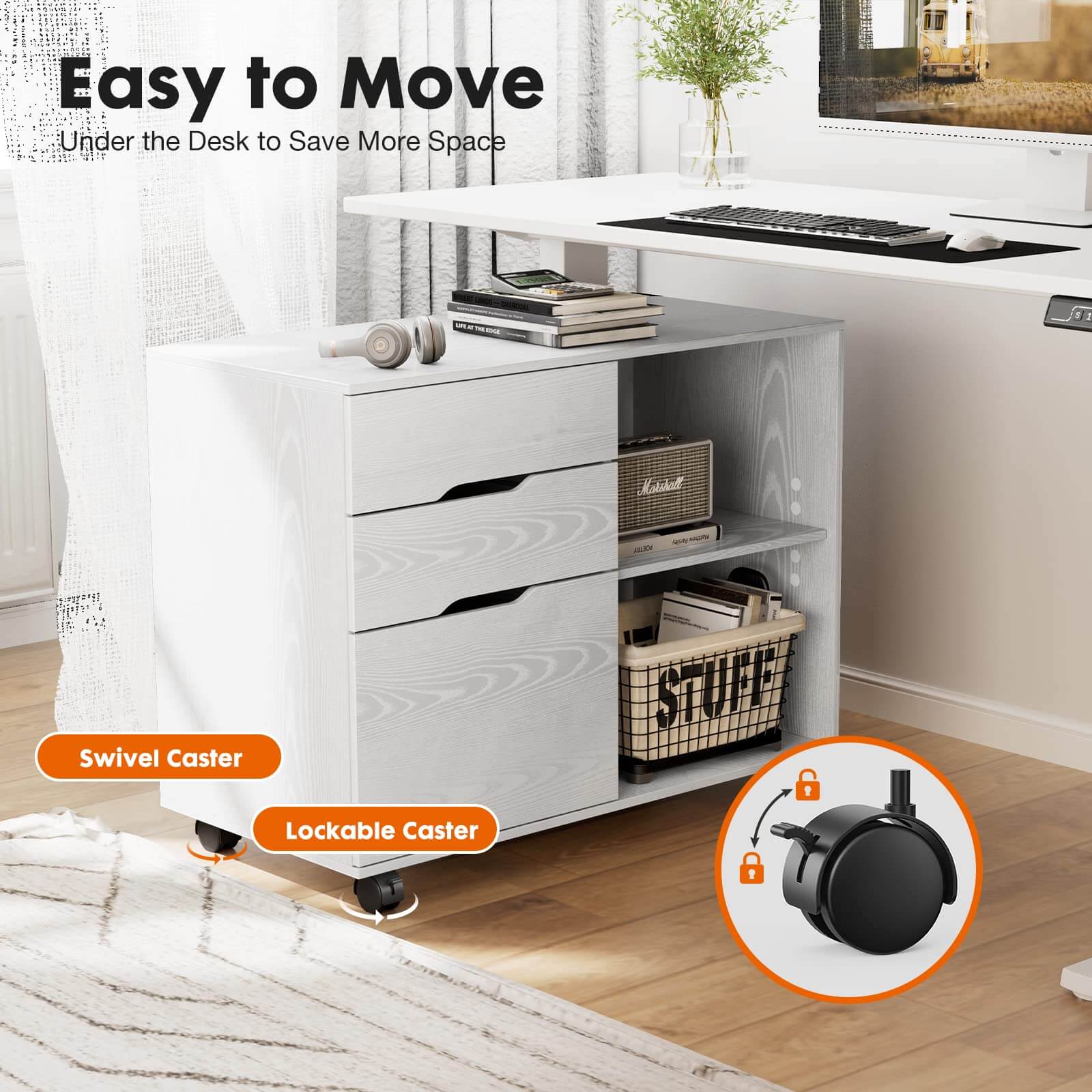 3 Drawer Mobile Rolling Lateral File Cabinet For Home Office And Kids Room--Bedroom,Bedroom Cabinet,Home Office,Home Office Cabinet,Office,Office Cabinet