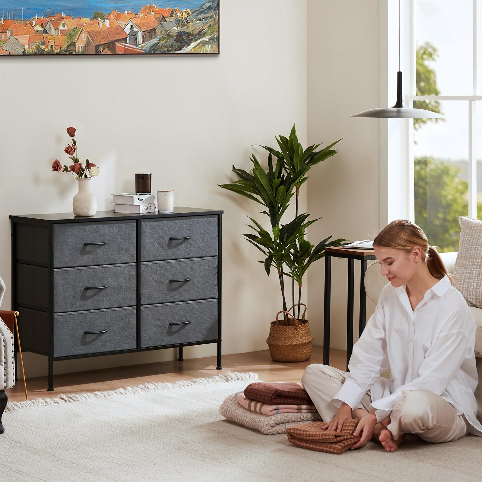 Dresser TV Stand, Console Table with 6 Wide Drawers, Entertainment Center for 55" TV Storage Fabric Dresser Drawer--Best Sellers,Bedroom,Bedroom Cabinet,Living Room,Living Room Cabinet