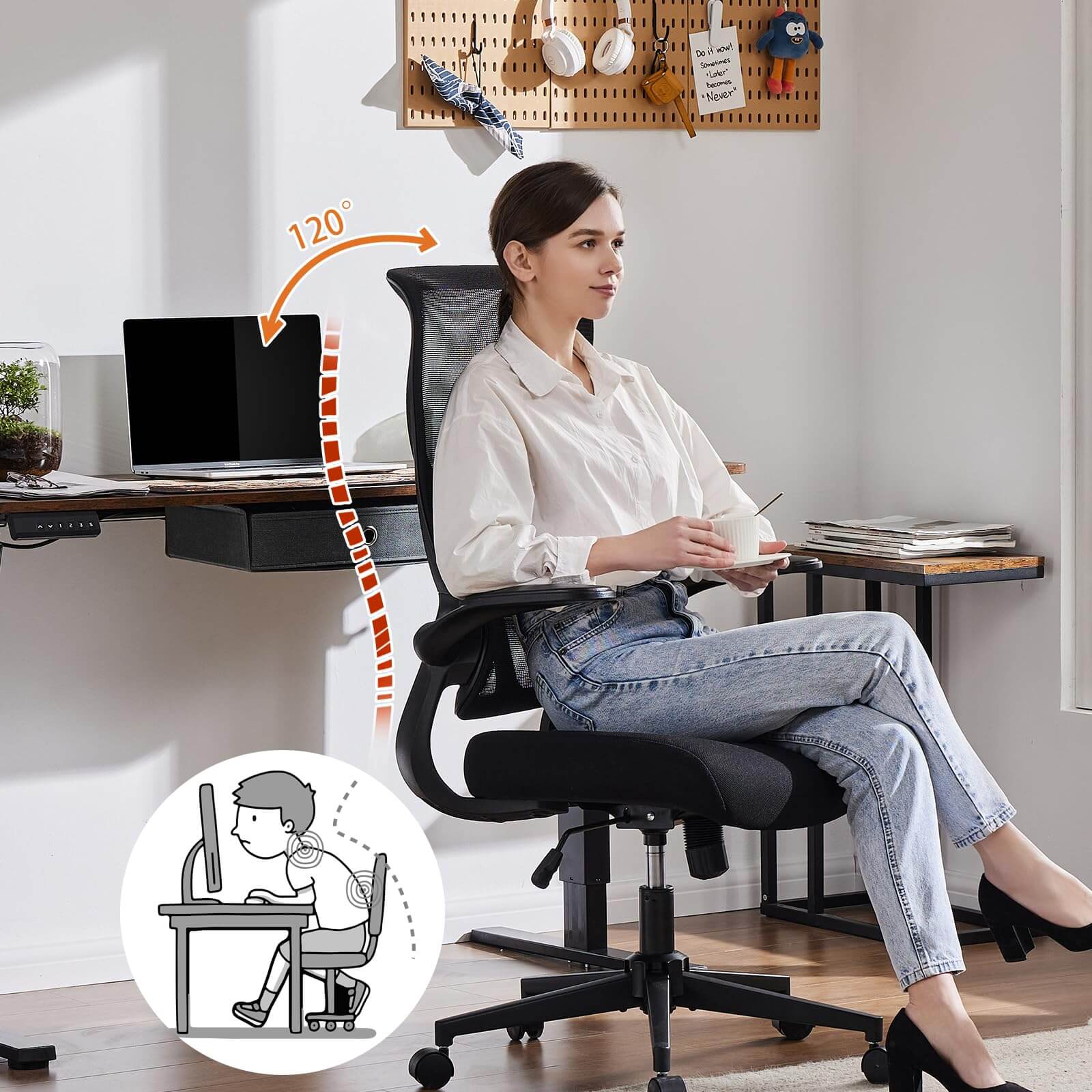 Ergonomic Computer Mesh Chair with Flip-up Armrests,Lumbar Support, Backrest for Home Office--Bedroom,Bedroom Chair,Home Office,Home Office Chair,Office,Office Chair1