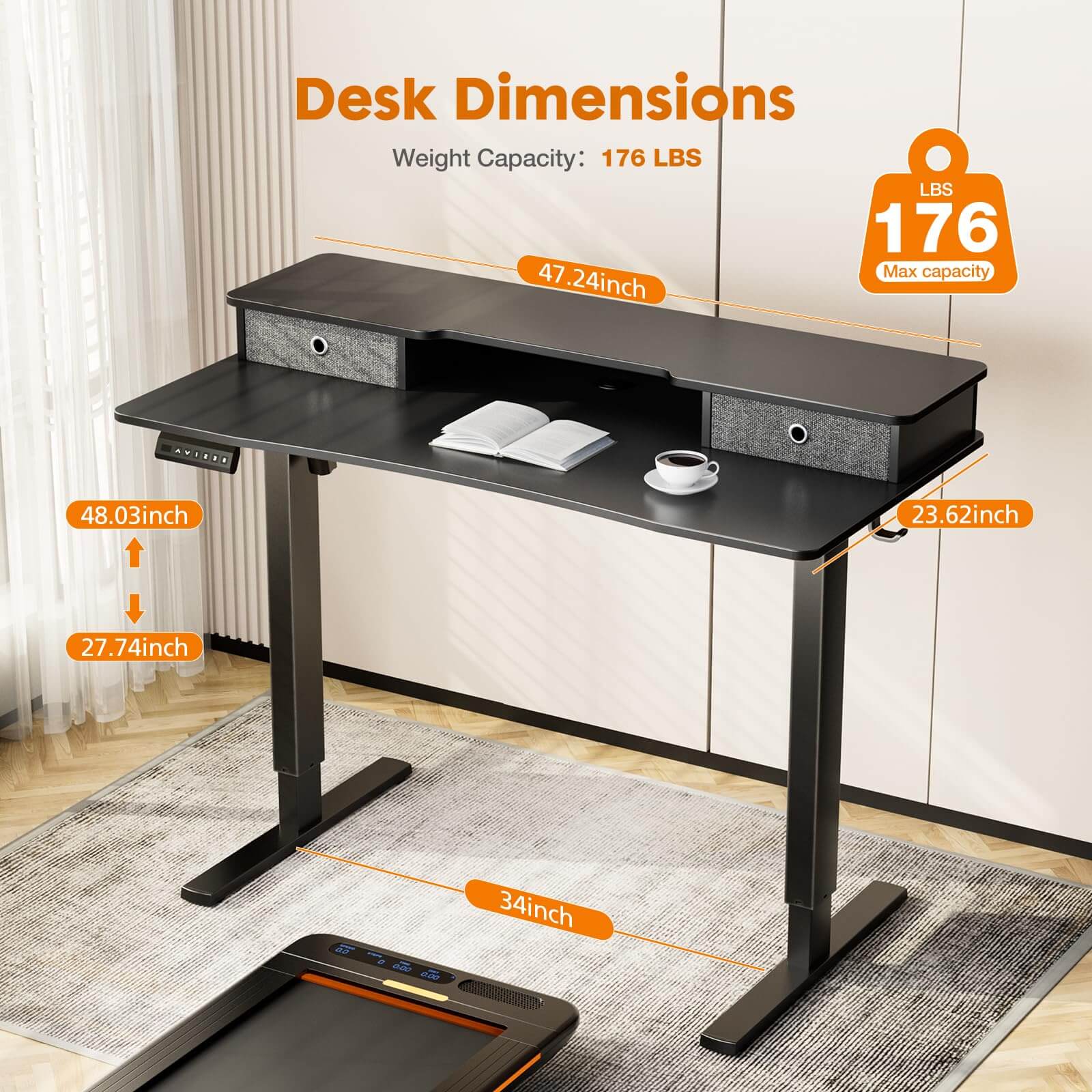 Electric Height Adjustable Standing Desk with Storage Shelf Double Drawer,  Sit to Stand Ergonomic Computer Desk--Best Sellers,Bedroom,Bedroom Desk,Electric Lift Desk,Home Office,Home Office Desk,Living Room,Living Room Desk,Office,Office Desk