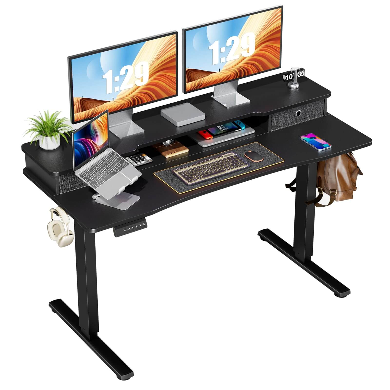Electric Height Adjustable Standing Desk with Storage Shelf Double Drawer,  Sit to Stand Ergonomic Computer Desk--Best Sellers,Bedroom,Bedroom Desk,Electric Lift Desk,Home Office,Home Office Desk,Living Room,Living Room Desk,Office,Office Desk