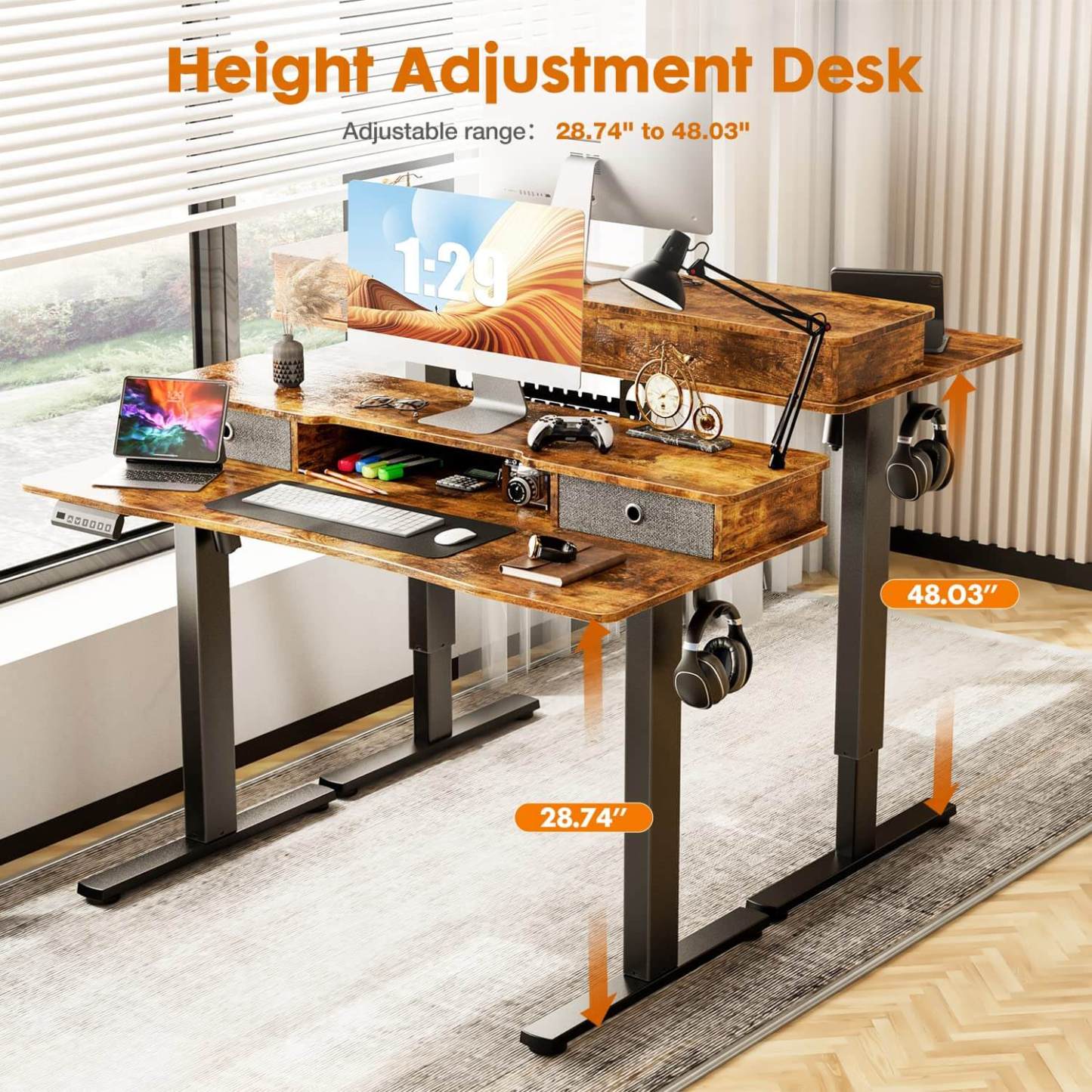 Electric Height Adjustable Standing Desk with Storage Shelf Double Drawer,  Sit to Stand Ergonomic Computer Desk--Best Sellers,Bedroom,Bedroom Desk,Electric Lift Desk,Home Office,Home Office Desk,Living Room,Living Room Desk,Office,Office Desk