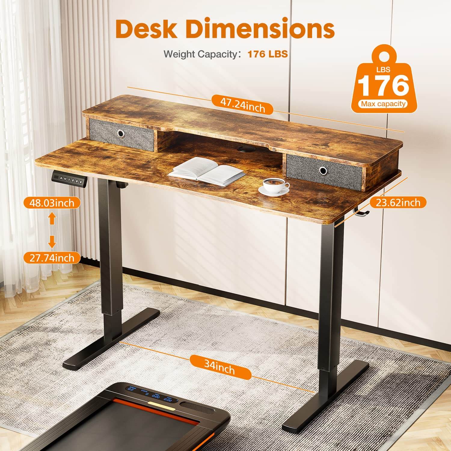 Electric Height Adjustable Standing Desk with Storage Shelf Double Drawer,  Sit to Stand Ergonomic Computer Desk--Best Sellers,Bedroom,Bedroom Desk,Electric Lift Desk,Home Office,Home Office Desk,Living Room,Living Room Desk,Office,Office Desk