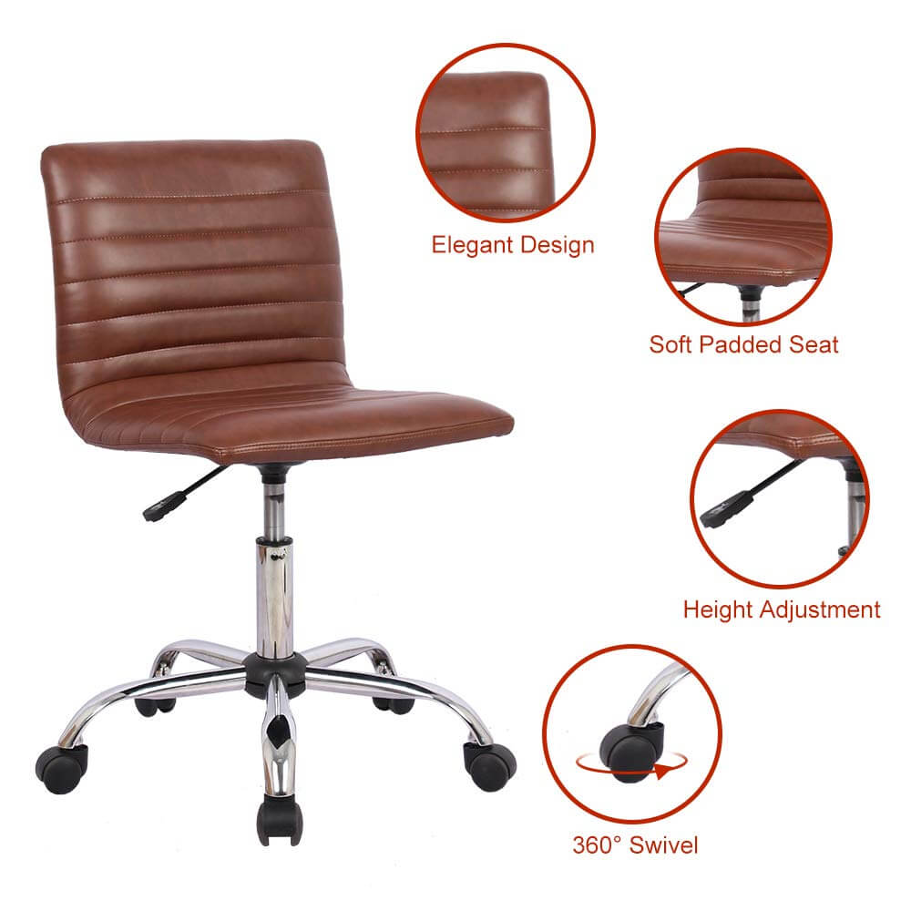 Leather Swivel Armless Mid Back Ribbed Office Chair for Adult Child, Height adjustable Vanity Chair--Home Office,Home Office Chair,kitchen & Dining,Living Room,Living Room Chair,Office,Office chair,Office Chair1