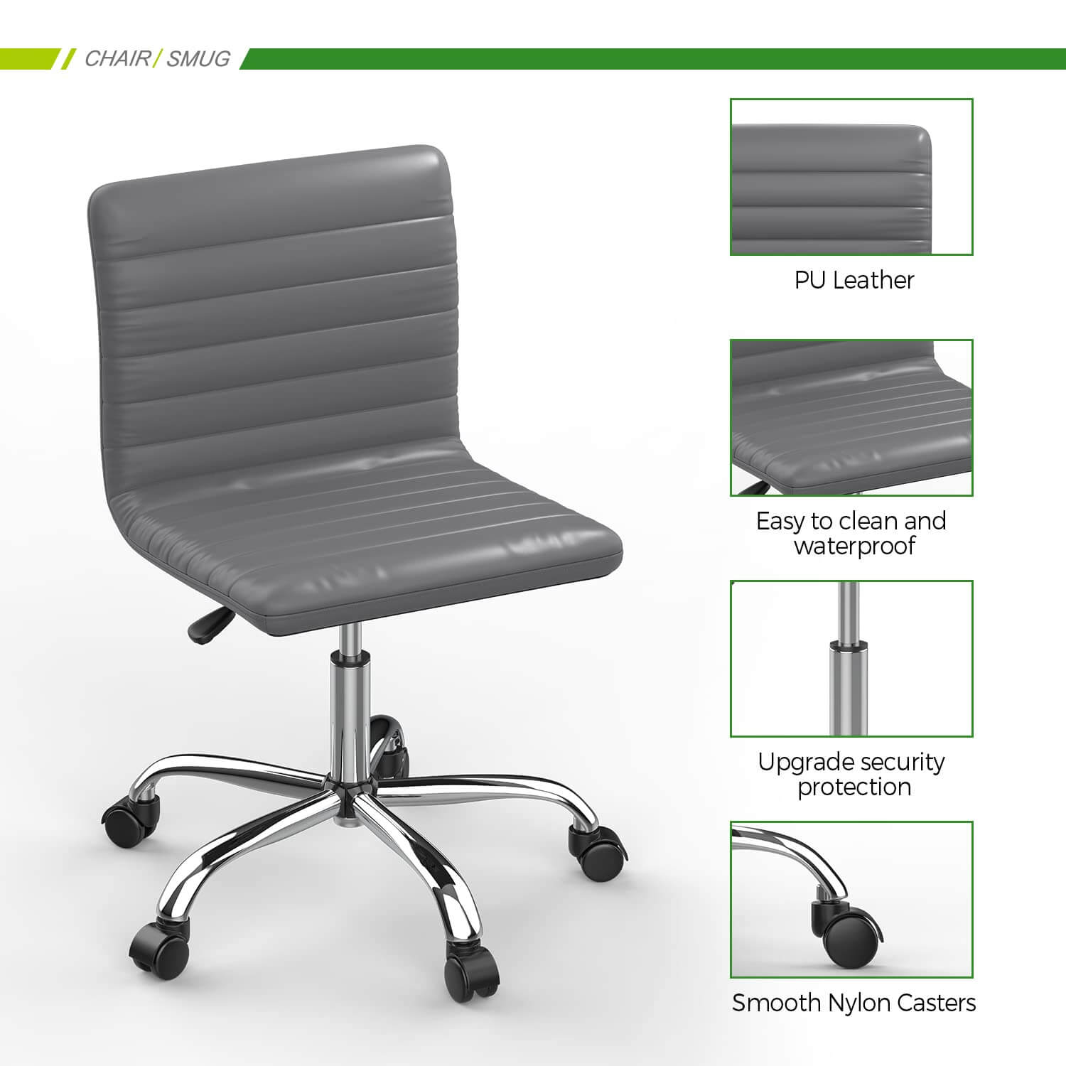 Leather Swivel Armless Mid Back Ribbed Office Chair for Adult Child, Height adjustable Vanity Chair--Home Office,Home Office Chair,kitchen & Dining,Living Room,Living Room Chair,Office,Office chair,Office Chair1