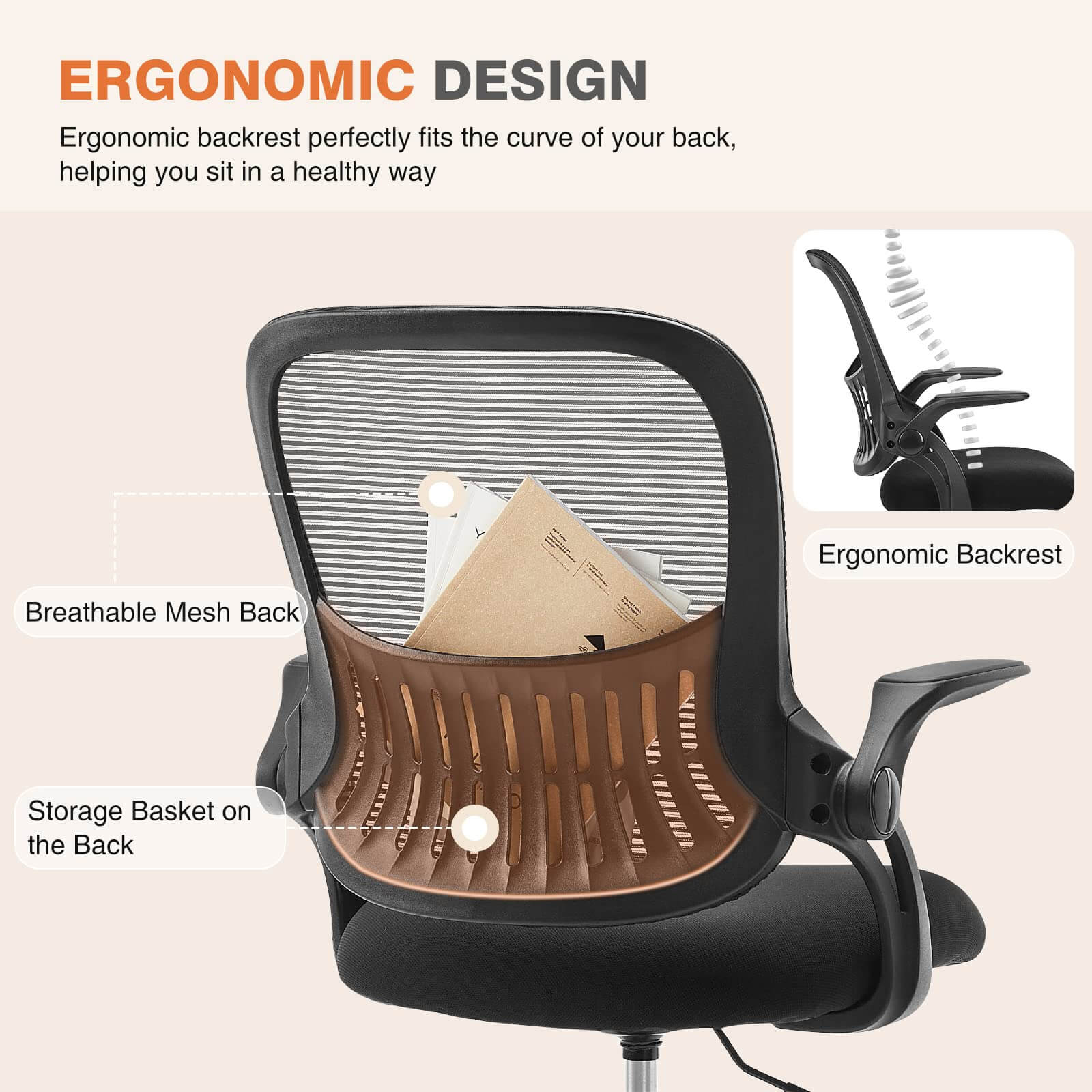 Ergonomic Home Mesh Office Desk Chairs with Flip up Armrests,Lumbar Support--Bedroom,Bedroom Chair,Home Office,Home Office Chair,Office,Office Chair1