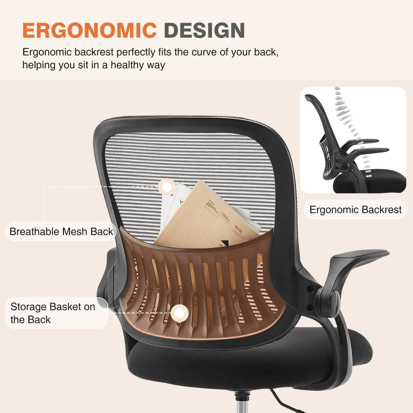 Ergonomic Home Mesh Office Desk Chairs with Flip up Armrests,Lumbar Support--Bedroom,Bedroom Chair,Home Office,Home Office Chair,Office,Office Chair1