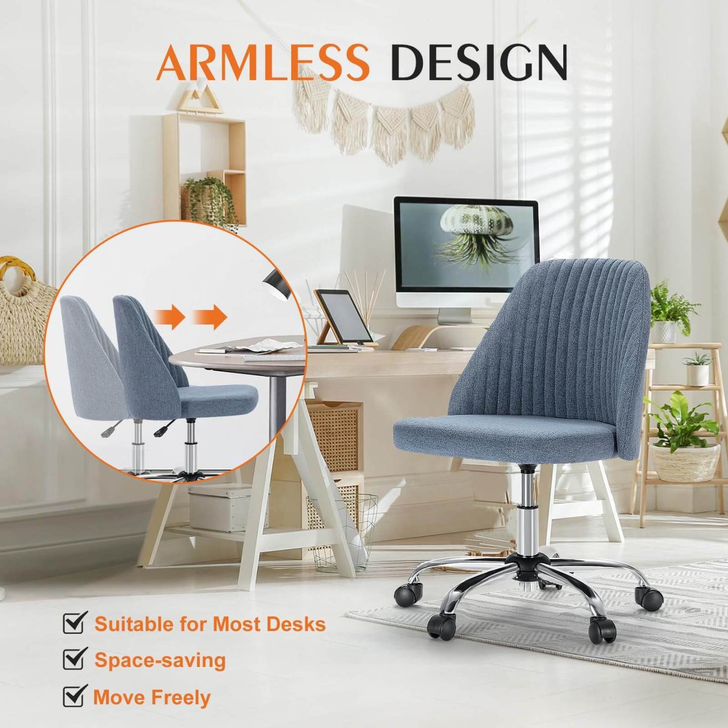 Modern Fabric Armless Adjustable Swivel Office Desk Chairs with Wheels--Bedroom,Bedroom Chair,Home Office,Home Office Chair,Living Room,Living Room Chair,Office,Office chair,Office Chair1