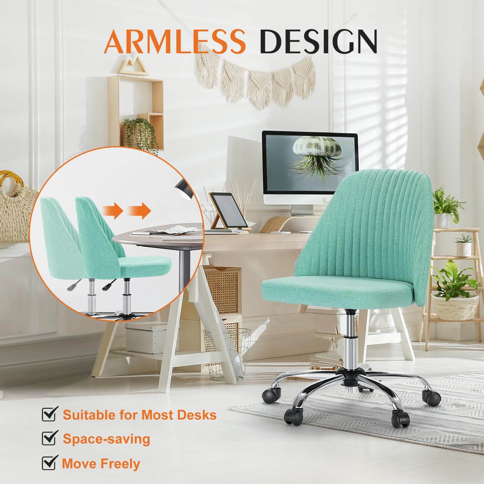Modern Fabric Armless Adjustable Swivel Office Desk Chairs with Wheels--Bedroom,Bedroom Chair,Home Office,Home Office Chair,Living Room,Living Room Chair,Office,Office chair,Office Chair1