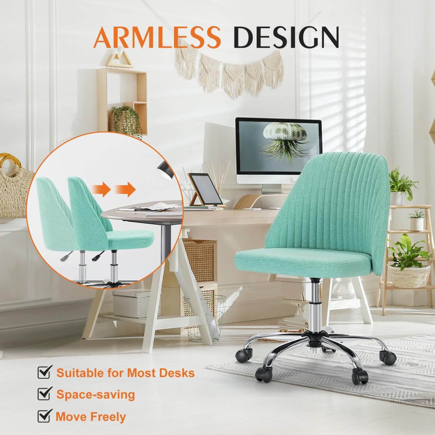 Modern Fabric Armless Adjustable Swivel Office Desk Chairs with Wheels--Bedroom,Bedroom Chair,Home Office,Home Office Chair,Living Room,Living Room Chair,Office,Office chair,Office Chair1