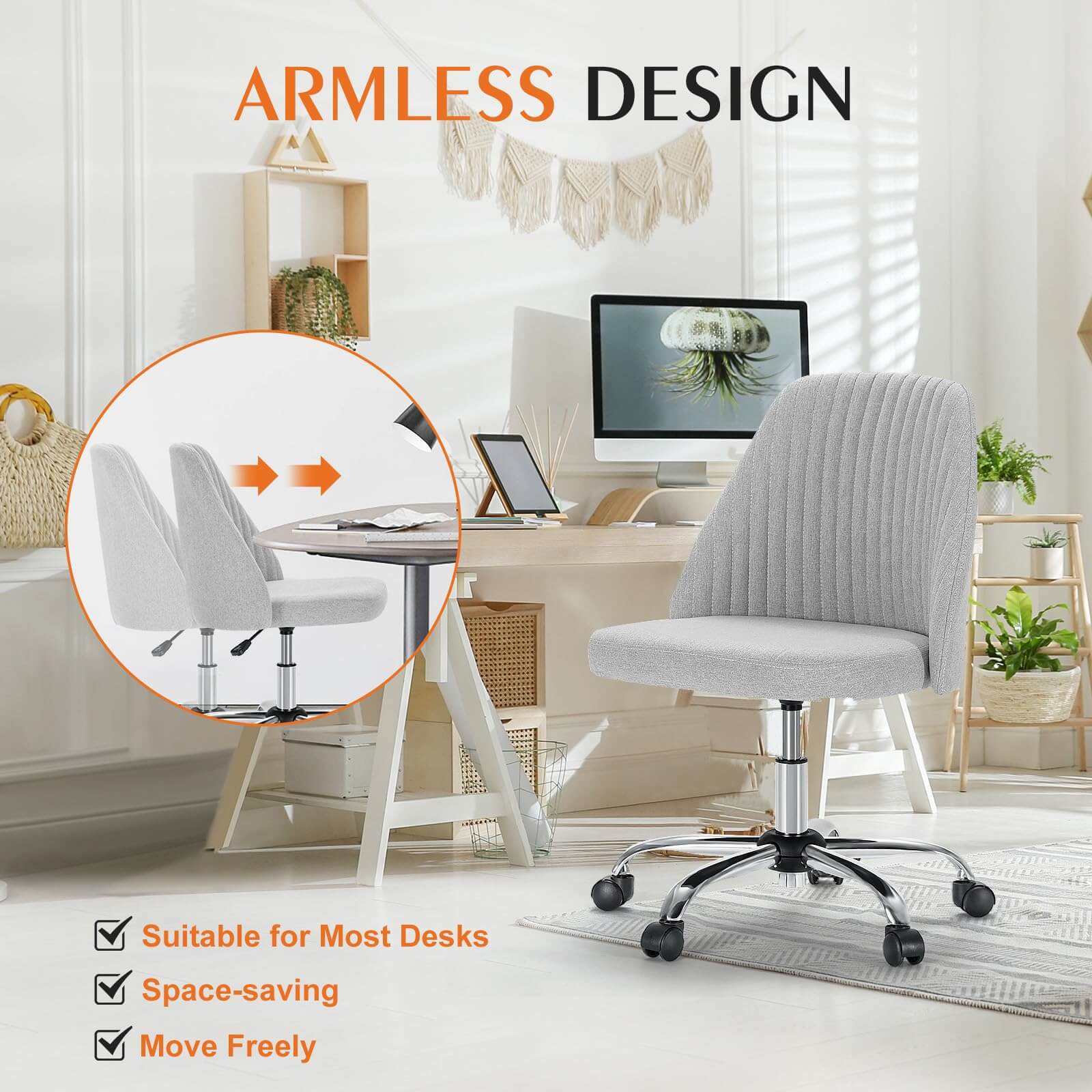 Modern Fabric Armless Adjustable Swivel Office Desk Chairs with Wheels--Bedroom,Bedroom Chair,Home Office,Home Office Chair,Living Room,Living Room Chair,Office,Office chair,Office Chair1