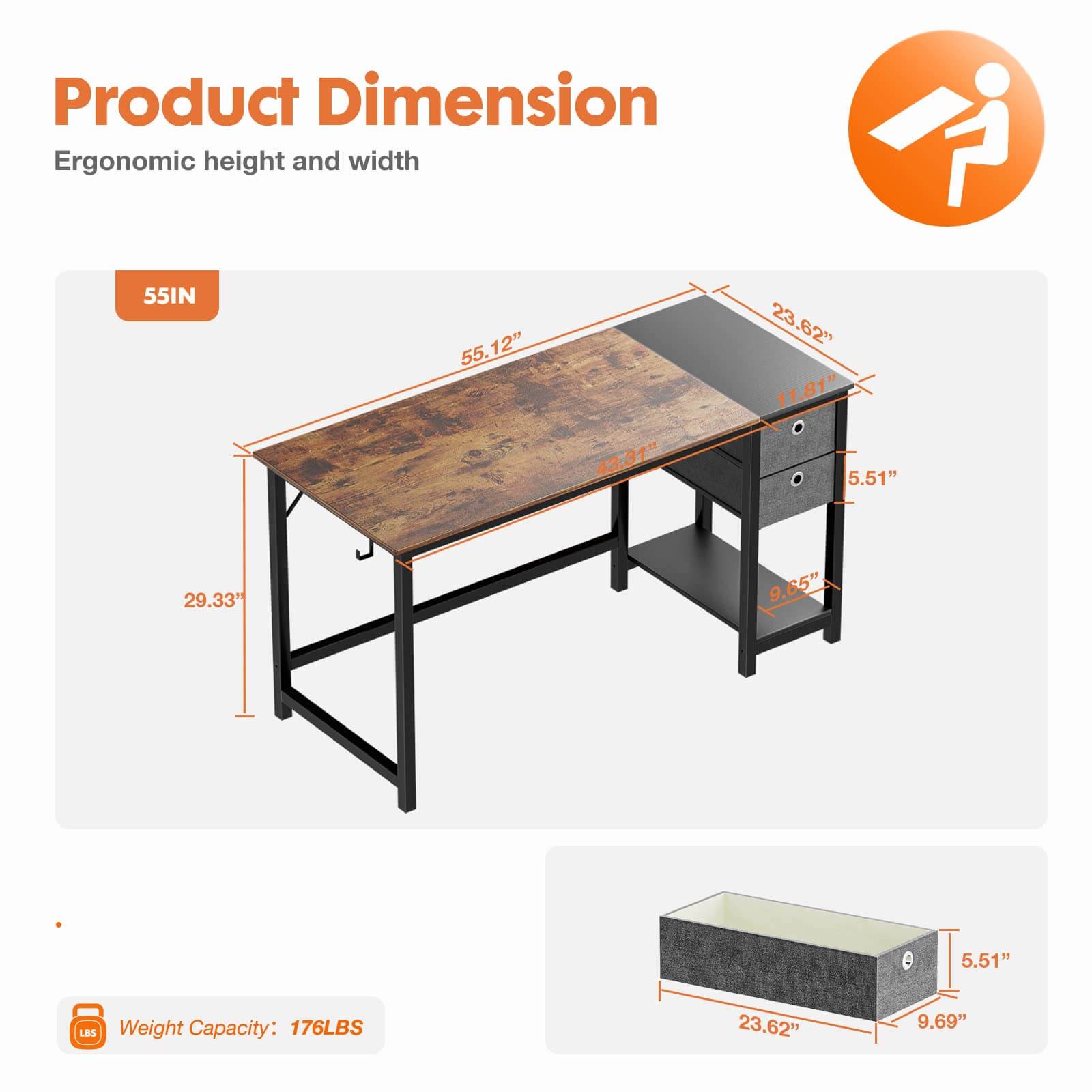 Modern Simple Style Home Office Writing Desk with 2-Tier Drawers Storage Shelf Headphone Hook--Bedroom,Bedroom Desk,Home Office,Home Office Desk,Office,Office chair,Office Desk