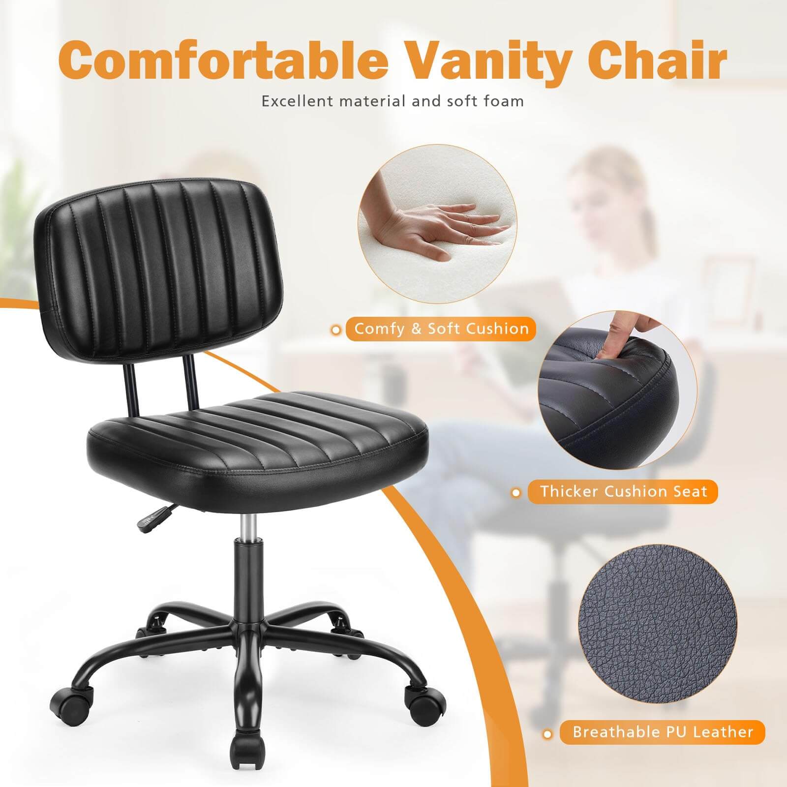 Adjustable Height 360° Rolling Swivel Computer Task Chair without Arm--Home Office,Home Office Chair,Living Room,Living Room Chair,Office,Office chair,Office Chair1
