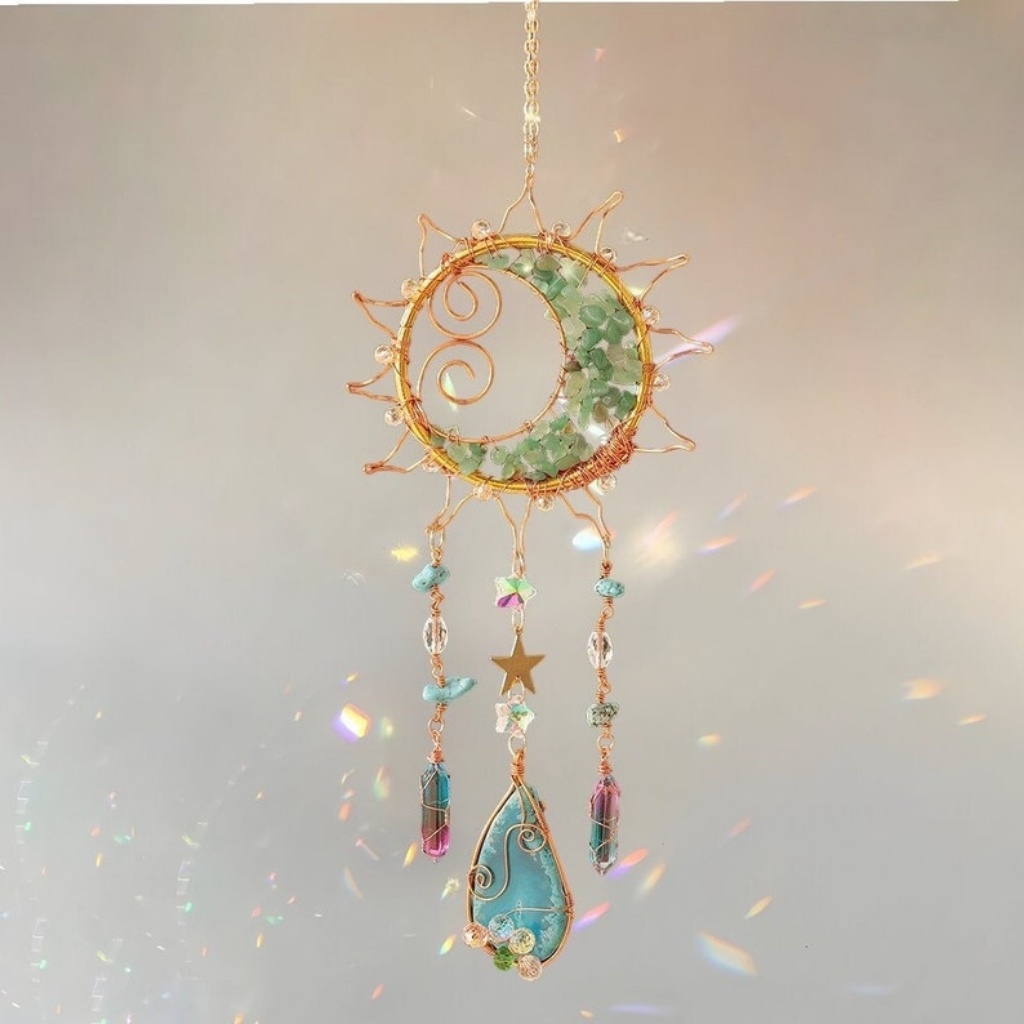 Crystal Suncatcher Sun and Moon Boho Window Hanging Rainbow Decor
