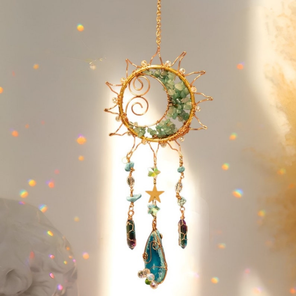 Crystal Suncatcher Sun and Moon Boho Window Hanging Rainbow Decor