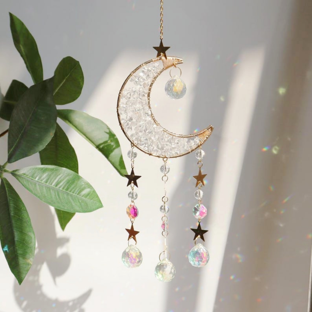 Crystal Suncatcher Moon Hanging Amethyst Rainbow Maker Boho Decor