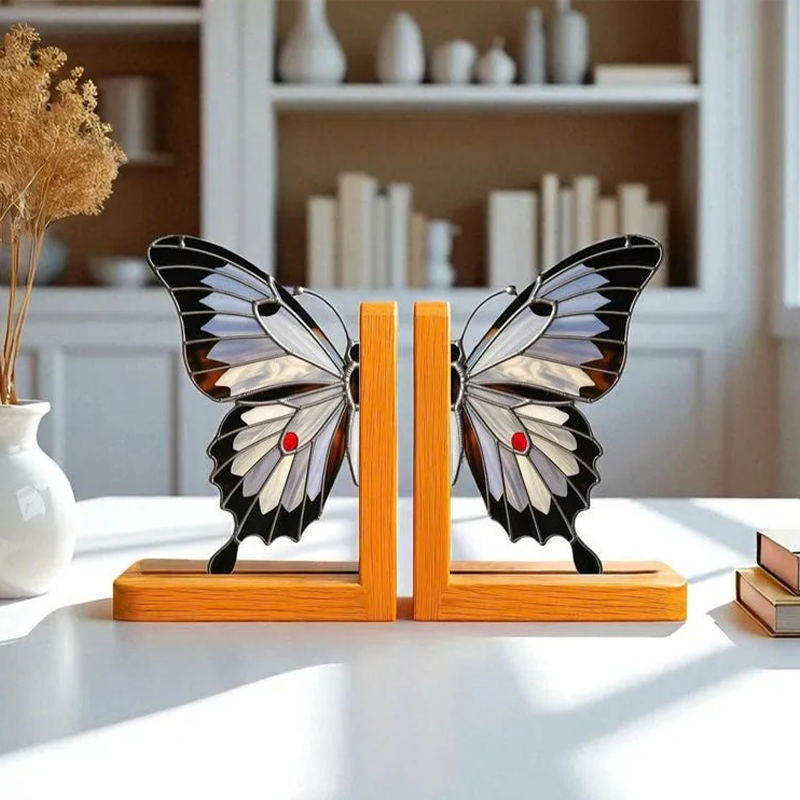 Stained Glass Butterfly Bookends, Gothic Halloween Oak Shelf Decor
