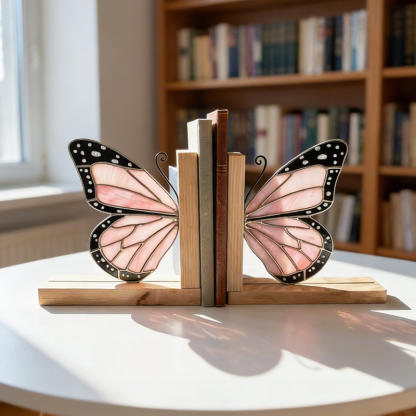 Butterfly Stained Glass Bookends, Pink Wing Shelf Holder Decor