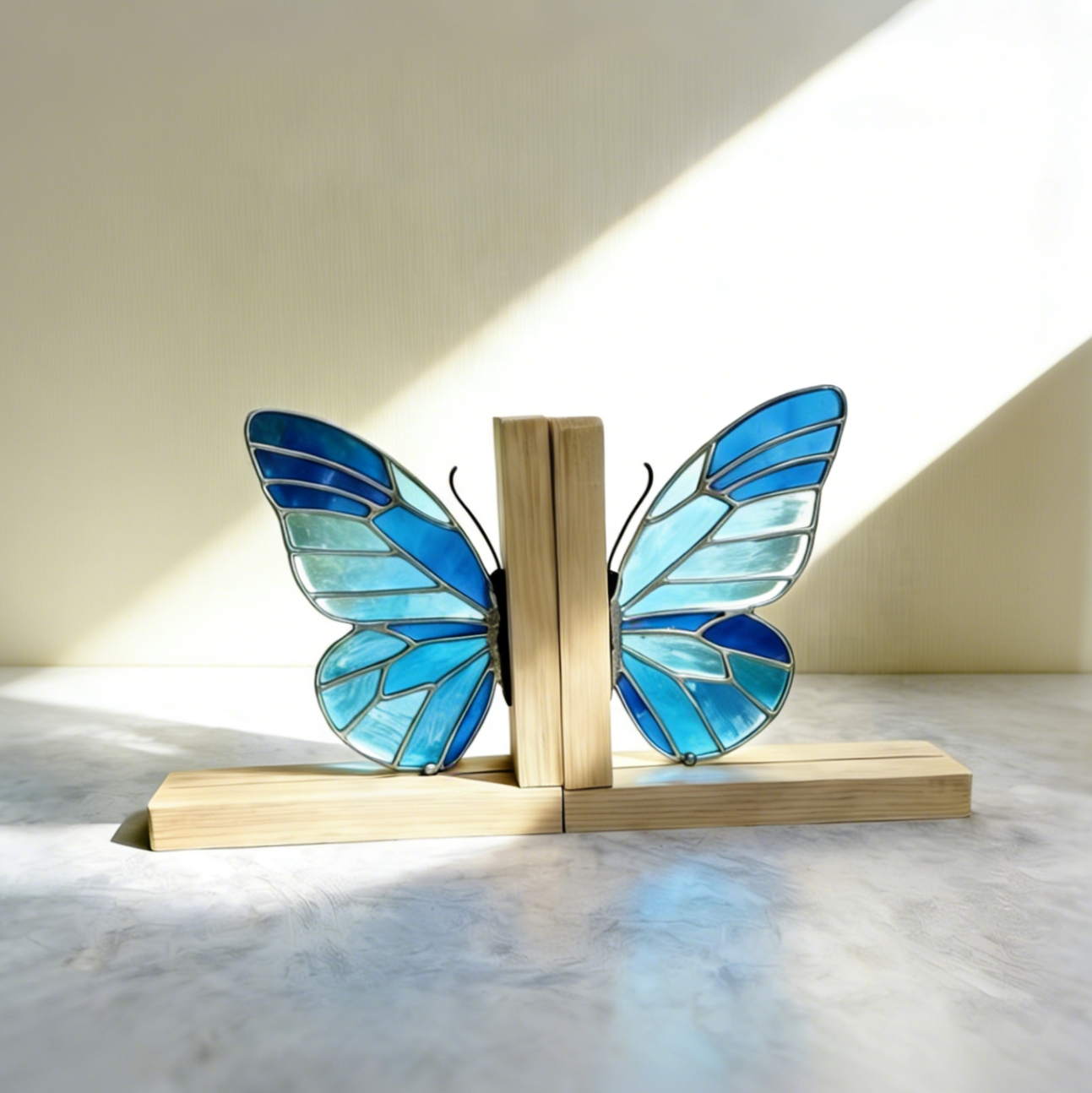 Butterfly bookend set, stained glass and wooden bookshelf decoration