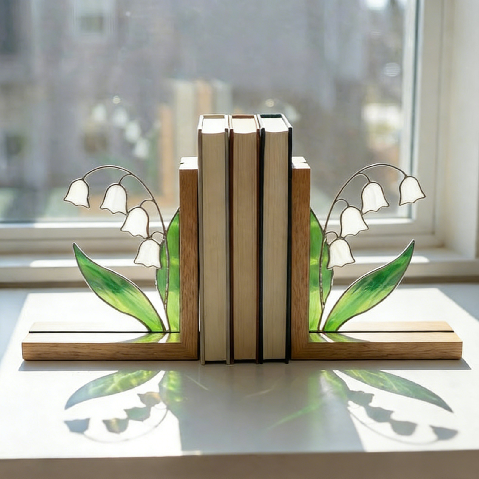 Lily of the Valley Stained Glass Bookends, Flower Library Holder