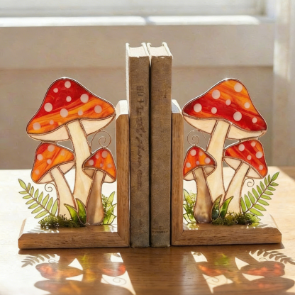Mushroom Forest Stained Glass Bookends, Red Toadstool Library Decor