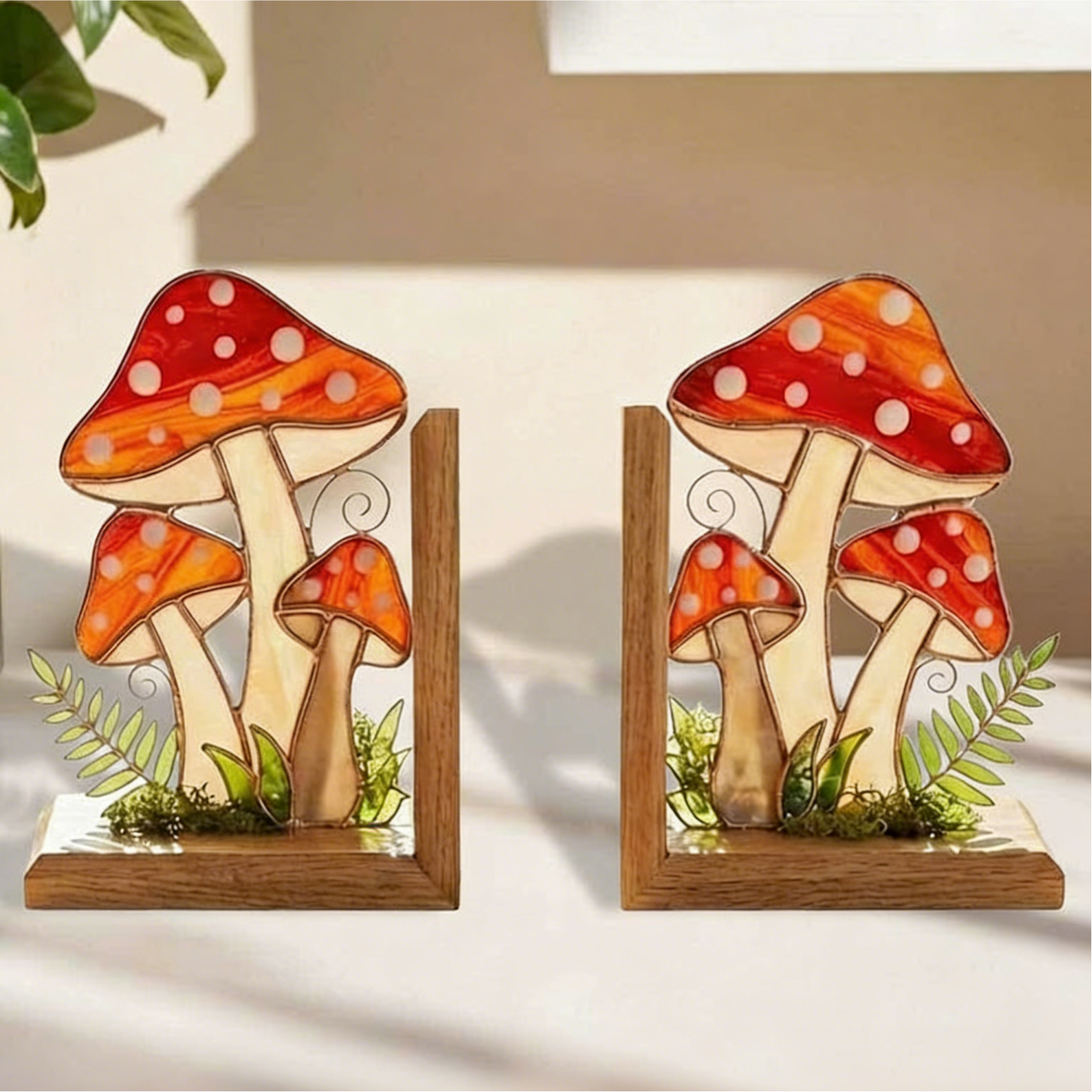 Mushroom Forest Stained Glass Bookends, Red Toadstool Library Decor