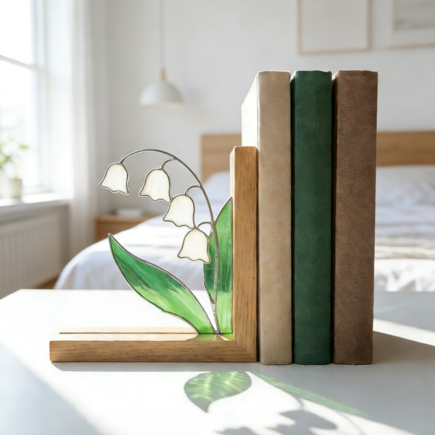 Lily of the Valley Stained Glass Bookends, Flower Library Holder