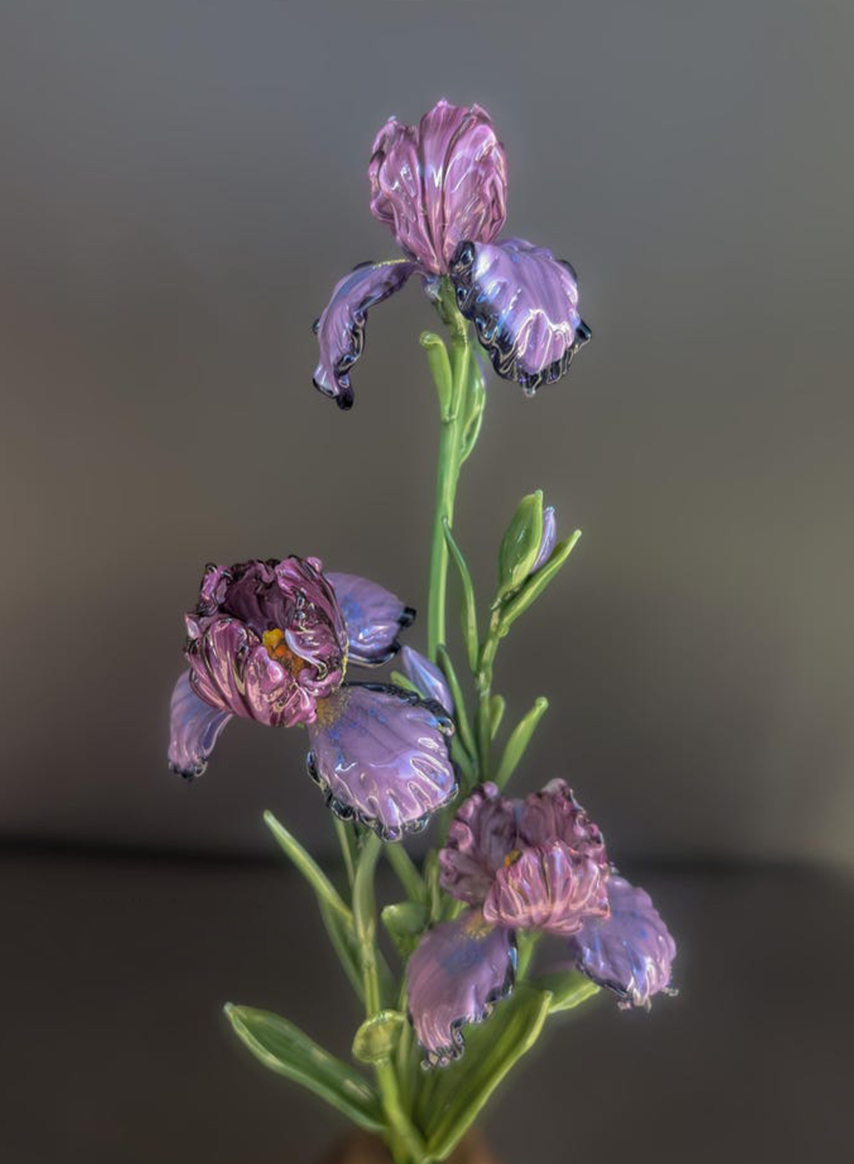 Violet Glass Iris Flower Stem, Art Glass Vase Floral Sculpture Decor