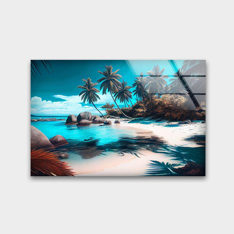 Tropical Beach Paradise Glass Wall Art – Palm Ocean Scene