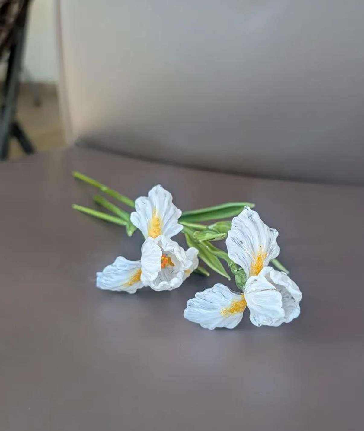 Violet Glass Iris Flower Stem, Art Glass Vase Floral Sculpture Decor