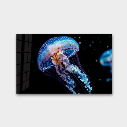 Blue Jellyfish Glass Wall Art – Modern Ocean Sea Design