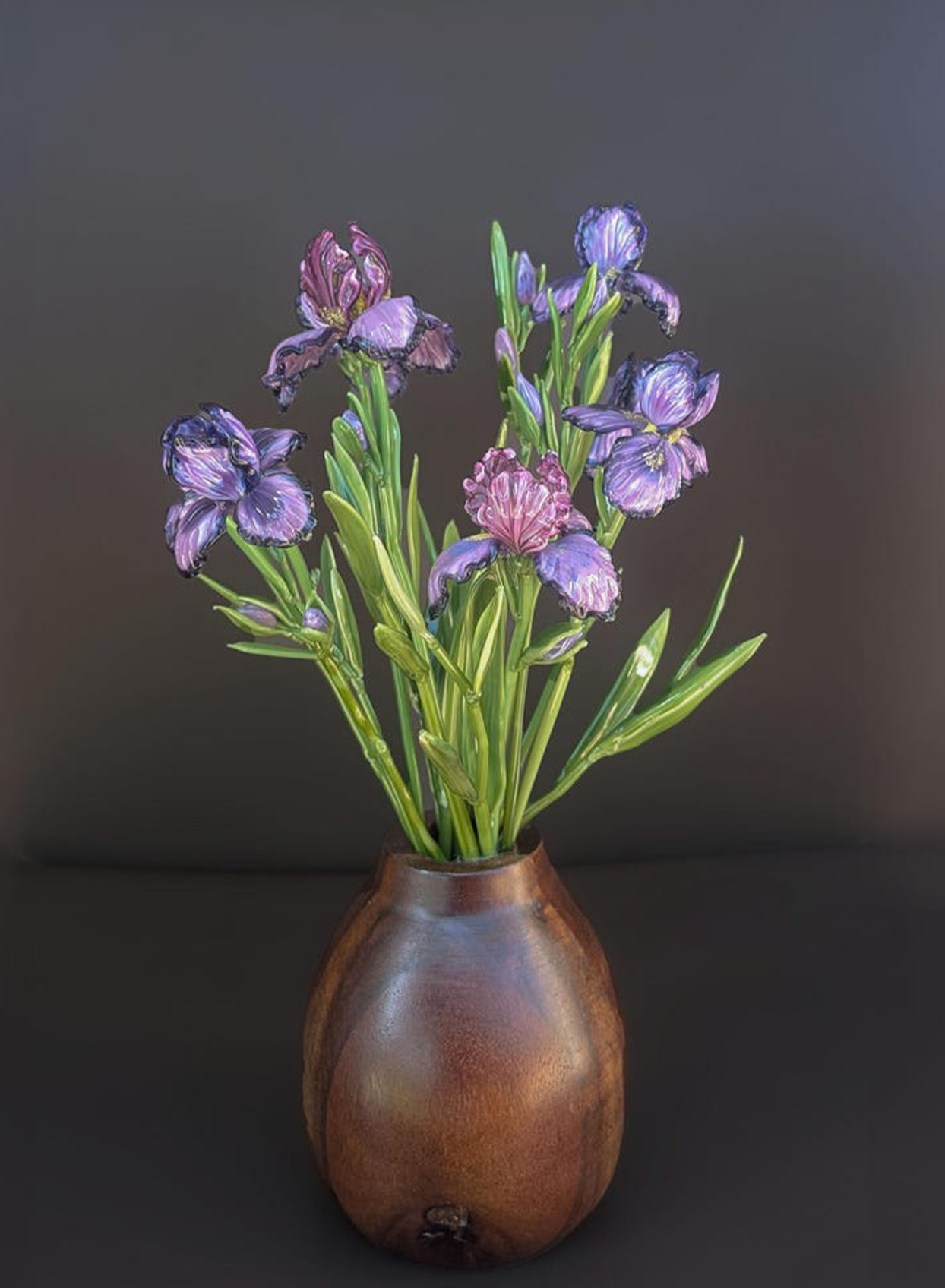 Violet Glass Iris Flower Stem, Art Glass Vase Floral Sculpture Decor